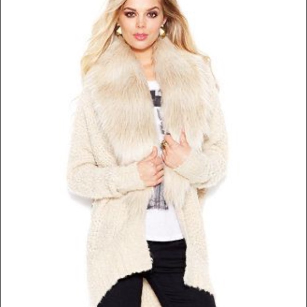 NWOT Guess Faux Fur Trim Cocoon Beige Cardigan